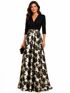Leslie Fay Black Gold Floral Jacquard Maxi Formal Dress Size 12